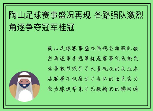 陶山足球赛事盛况再现 各路强队激烈角逐争夺冠军桂冠