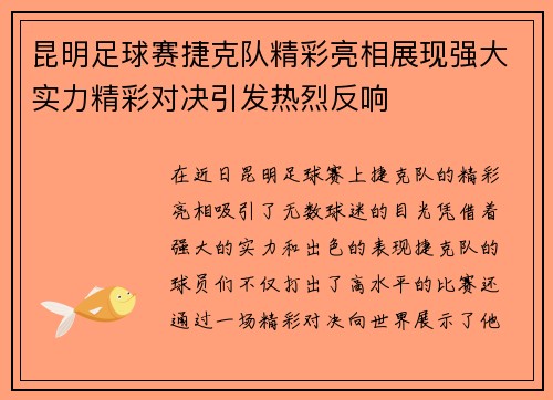 昆明足球赛捷克队精彩亮相展现强大实力精彩对决引发热烈反响