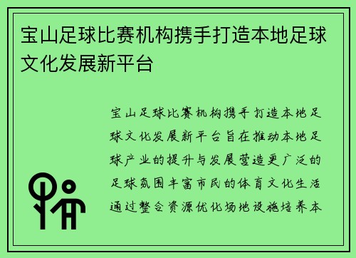 宝山足球比赛机构携手打造本地足球文化发展新平台