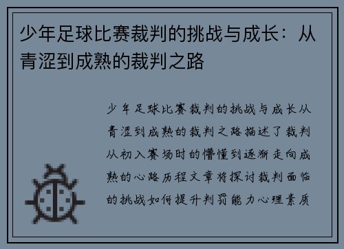 少年足球比赛裁判的挑战与成长：从青涩到成熟的裁判之路