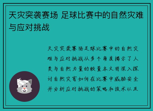 天灾突袭赛场 足球比赛中的自然灾难与应对挑战