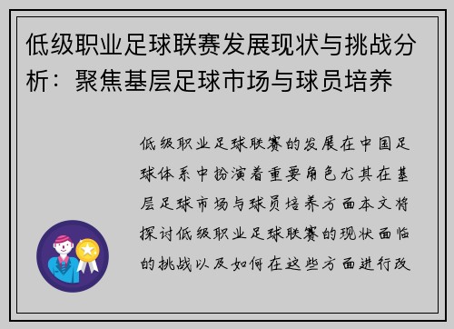 低级职业足球联赛发展现状与挑战分析：聚焦基层足球市场与球员培养