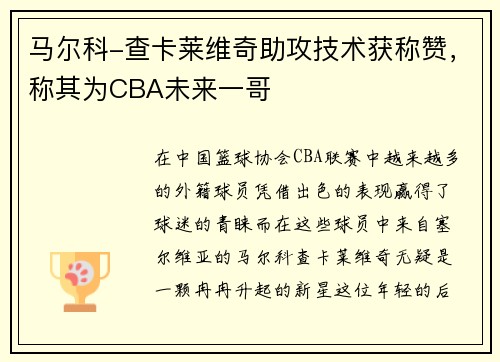 马尔科-查卡莱维奇助攻技术获称赞，称其为CBA未来一哥