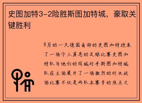 史图加特3-2险胜斯图加特城，豪取关键胜利