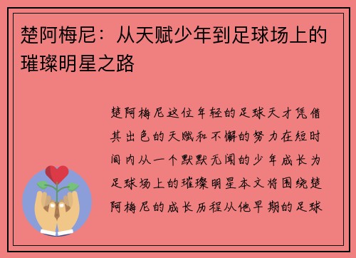 楚阿梅尼：从天赋少年到足球场上的璀璨明星之路
