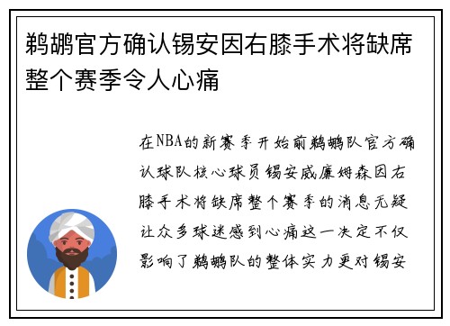 鹈鹕官方确认锡安因右膝手术将缺席整个赛季令人心痛